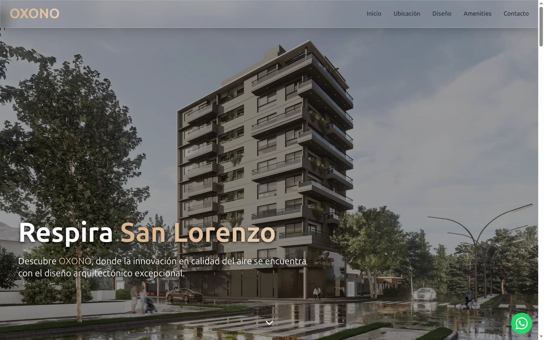 Inicio del sitio de Oxono con el render del edificio
